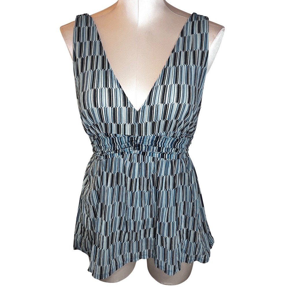 New York & Company Y2K Blue Geometric Mesh Babydoll V-Neck Top Large Fairygrunge